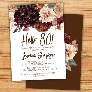 Invitation Fête d'anniversaire 80e Fleurs beiges Brown Floral