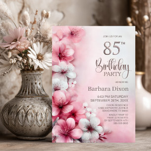 Invitation Fête d'anniversaire 85 ans aux fleurs roses et bla