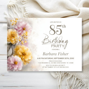 Invitation Fête d'anniversaire 85 ans aux fleurs roses et ora