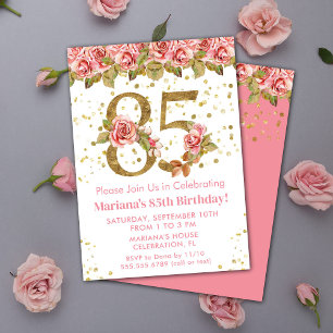 Invitation Fête d'anniversaire 85 ans Floral Rose Gold Paille