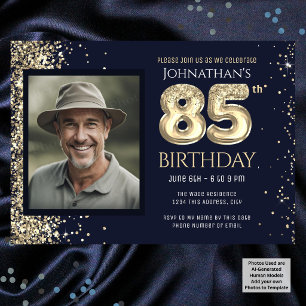 Invitation Fête d'anniversaire 85 ans Photo pailletée or bleu