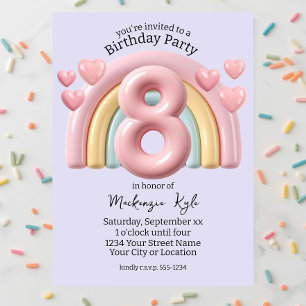 Invitation Fête d'anniversaire 8 ans fille arc-en-ciel 3D Vio