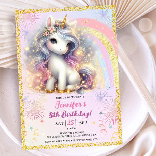 Invitation Fête d'anniversaire 8 ans Licorne Fille Rose Paill