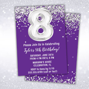 Invitation Fête d'anniversaire 8 ans Purple Silver