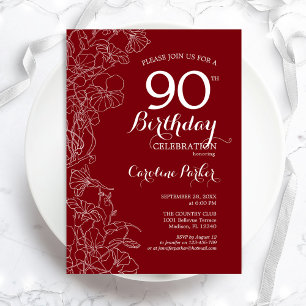 Invitation Fête d'anniversaire 90 ans à fleurs rouges