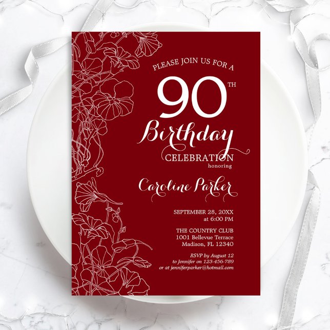 Invitation Fête d'anniversaire 90 ans à fleurs rouges (Créateur téléchargé)