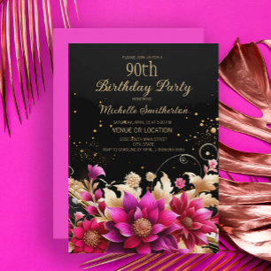 Invitation Fête d'anniversaire 90 ans Black Gold Pink Floral