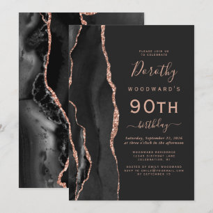 Invitation Fête d'anniversaire 90 ans Black Rose Gold Agate D