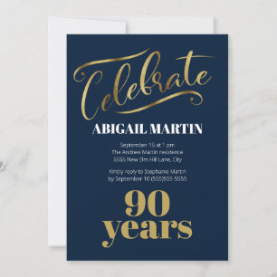 Invitation Fête d'anniversaire 90 ans Bleu Nuit Or Blanc
