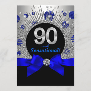 Invitation Fête d'anniversaire 90 ans femme bleu royal argent