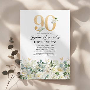 Invitation Fête d'anniversaire 90 ans Floral Vert & Blanc