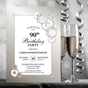 Invitation Fête d'anniversaire 90 ans géométrique argent mode
