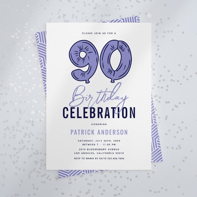 Invitation Fête d'anniversaire 90 ans moderne bleu (Créateur téléchargé)