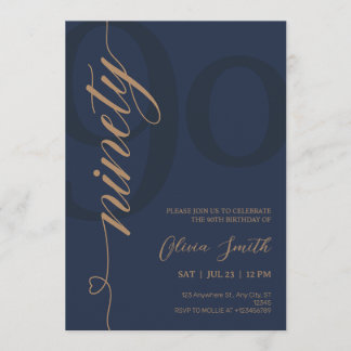 Invitation Fête d'anniversaire 90 ans Navy Blue & Or Moderne