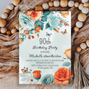 Invitation Fête d'anniversaire 90 ans papillons floraux orang