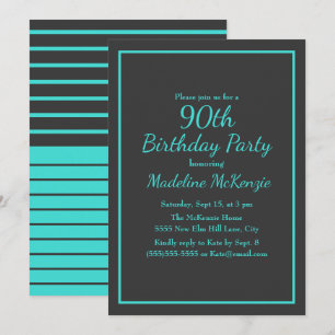 Invitation Fête d'anniversaire 90 ans rayée de turquoise noir