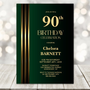 Invitation Fête d'anniversaire 90 ans vert noir rayé or