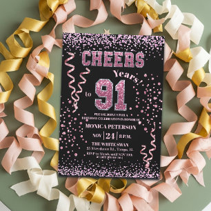 Invitation Fête d'anniversaire 91 ans avec strass glitter ros
