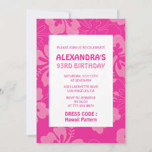 Invitation Fête d'anniversaire 93 ans thème hawaïen rose