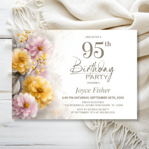 Invitation Fête d'anniversaire 95 ans aux fleurs roses et ora