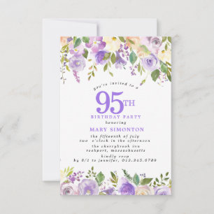 Invitation FÊTE D'ANNIVERSAIRE 95 ans Fleurs de rose violette