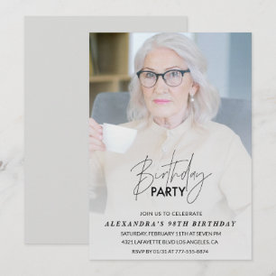 Invitation Fête d'anniversaire 98 ans Photo grise élégante