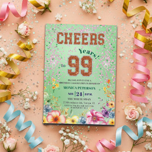 Invitation Fête d'anniversaire 99 ans Floral Pailleté Émeraud