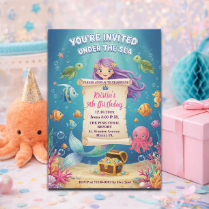 Invitation Fête d'anniversaire 9 ans de sirène sous la mer ro