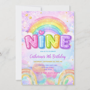 Invitation Fête d'anniversaire 9 ans Sparkle Rainbow