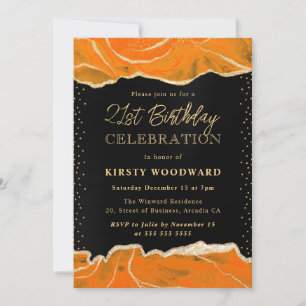 Invitation Fête d'anniversaire à agate pailletée orange et or