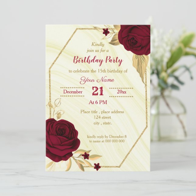 Invitation fête d'anniversaire à fleurs d'or bordeaux (Debout devant)
