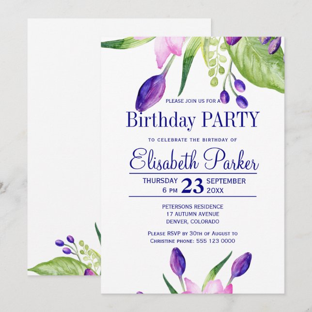 Invitation Fête d'anniversaire à fleurs marine rose pâle (Devant / Derrière)