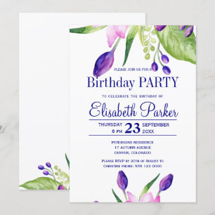 Invitation Fête d'anniversaire à fleurs marine rose pâle