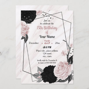 Invitation Fête d'anniversaire à fleurs roses noires et douce