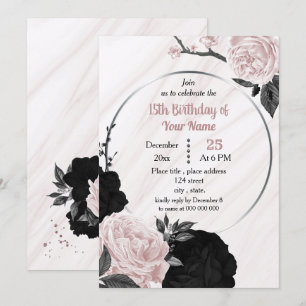 Invitation Fête d'anniversaire à fleurs roses noires et douce