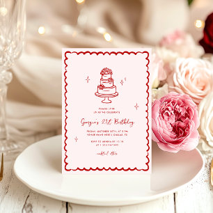 Invitation Fête d'anniversaire à gâteau rose et rouge dessiné
