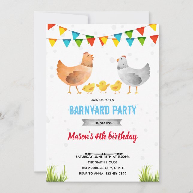 Invitation Fête d'anniversaire à la ferme avicole (Devant)
