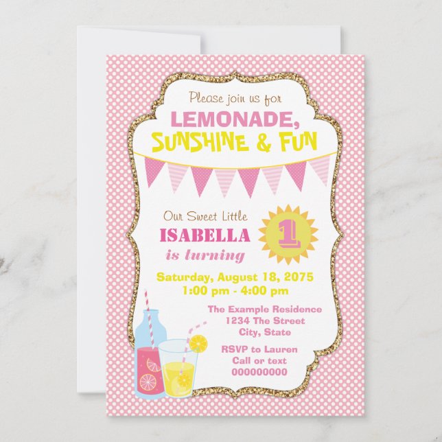 Invitation Fête d'anniversaire à la limonade rose (Devant)