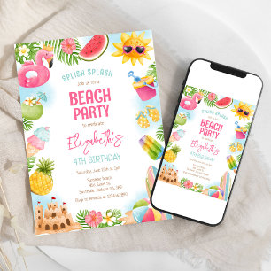 Invitation Fête d'anniversaire à la plage avec piscine l'été