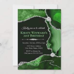 Invitation Fête d'anniversaire à l'agate pailletée verte et a