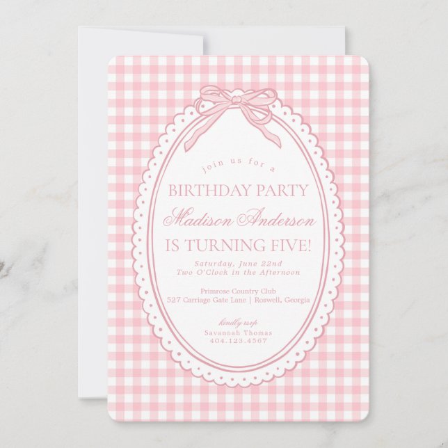 Invitation Fête d'anniversaire à ruban Coquette en vichy rose (Devant)