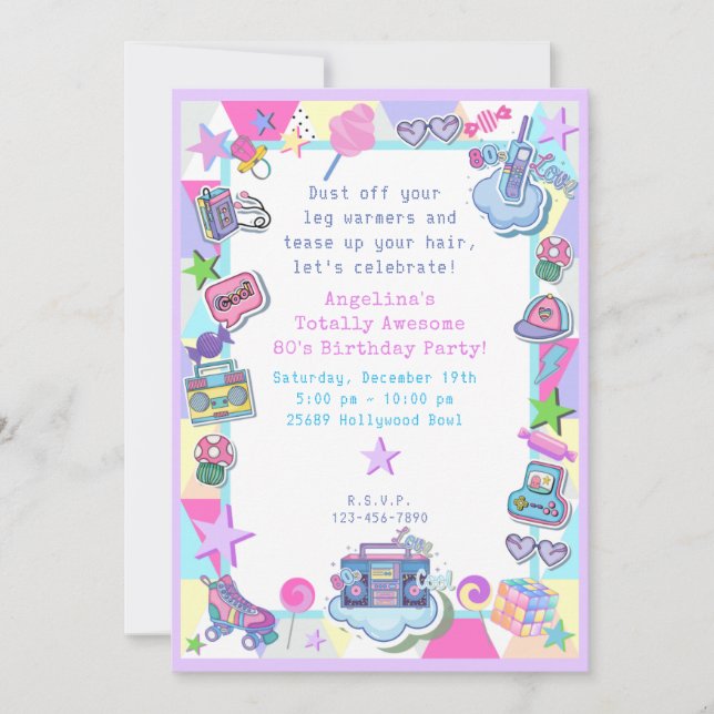 Invitation fête d'anniversaire à thème des années 80, fête du (Devant)