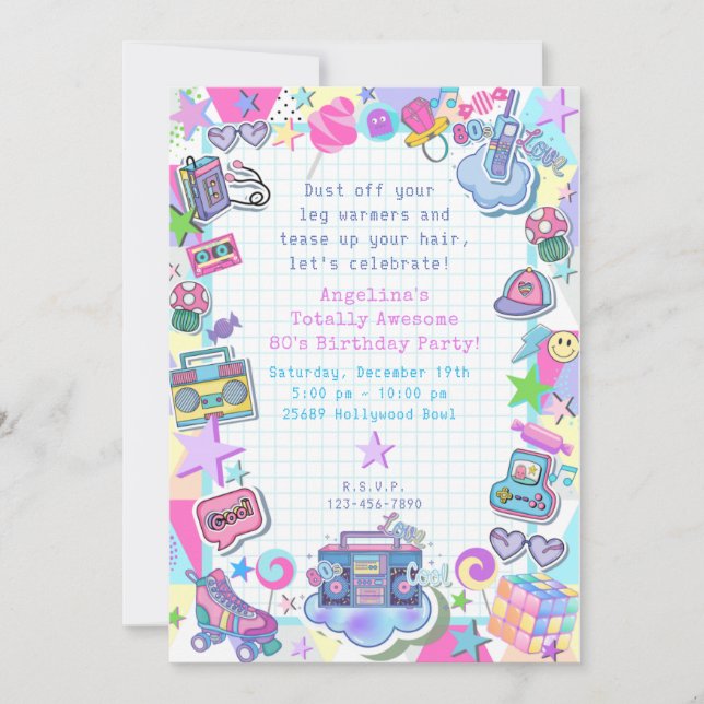 Invitation fête d'anniversaire à thème des années 80, soirée  (Devant)