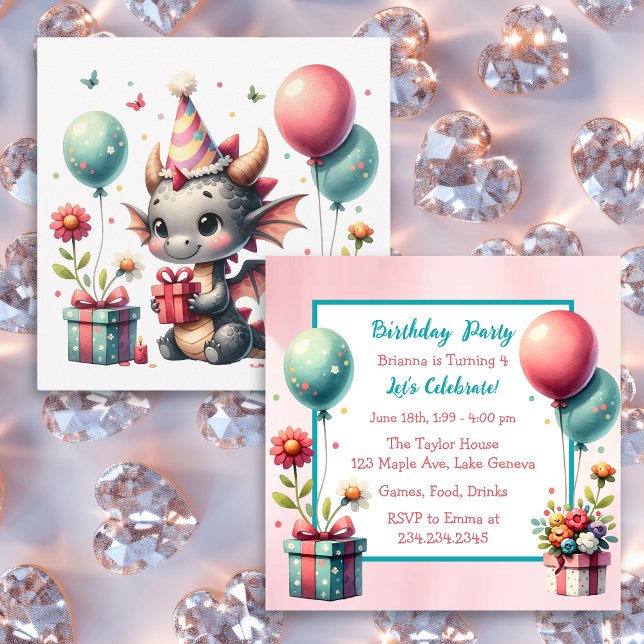Invitation Fête d'anniversaire à thème du dragon de fille (Créateur téléchargé)