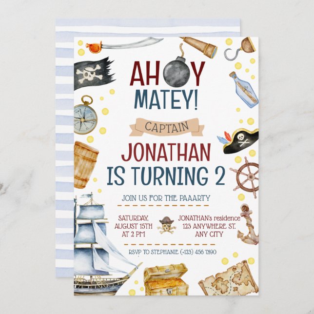 Invitation Fête d'anniversaire à thème Pirate (Devant / Derrière)
