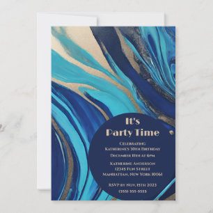 Invitation Fête d'anniversaire-Abstrait flux Art- Bleu et Or-