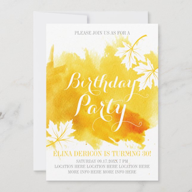 Invitation Fête d'anniversaire abstraite moderne jaune aquare (Devant)