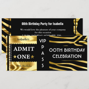 Invitation Fête d'anniversaire Admission Zèbre Or Noir