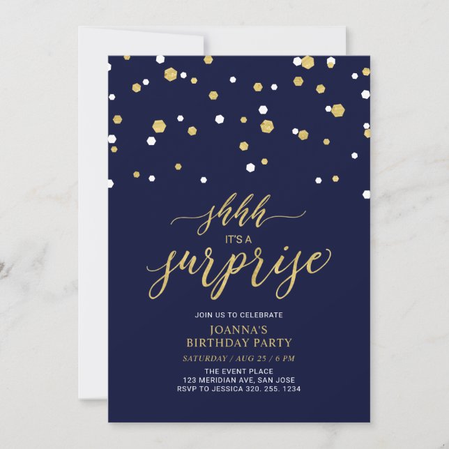 Invitation Fête d'anniversaire adulte avec confettis bleu mar (Devant)