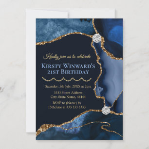 Invitation Fête d'anniversaire agate bleu marine et or paille